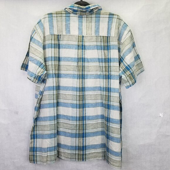 Eddie Bauer Camp Shirt Men's XXL Plaid Short Sleeve Button Up Blue Linen Cotton - Picture 11 of 16